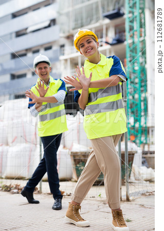 Portrait of two active positive civil engineers 112681789
