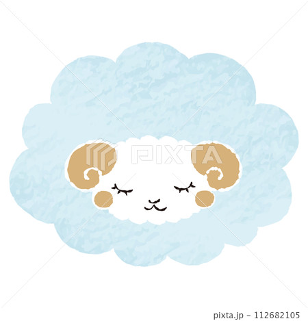 色鉛筆タッチのシンプルでかわいい目を閉じたモコモコの羊（正面） 112682105