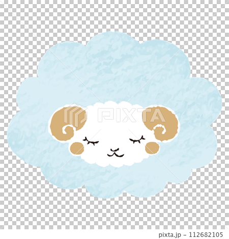 色鉛筆タッチのシンプルでかわいい目を閉じたモコモコの羊（正面） 112682105