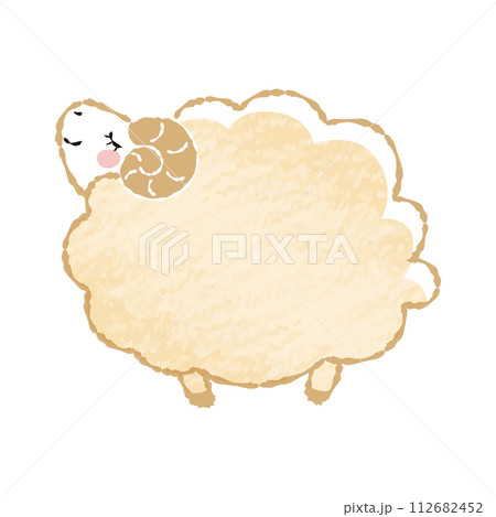 色鉛筆タッチのシンプルでかわいい目を閉じたモコモコの羊（横向き） 112682452