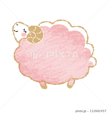 色鉛筆タッチのシンプルでかわいい目を閉じたモコモコの羊（横向き） 112682457