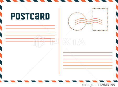 Postcard template. White paper texture. Retro airmail envelope with stamp. Vector illustration. 112683199