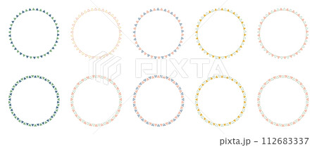 手書きの三角模様の円形フレームセット、三角形のデコレーションフレーム、秋の配色 手書きの三角模様の円形フレームセット、三角形のデコレーションフレーム、秋の配色 112683337