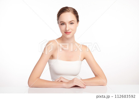 Beautiful young woman with clean fresh skin on white background, Face care, Facial treatment, Cosmetology, beauty and spa, women portrait. 112683592