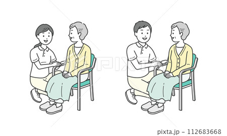椅子に座る高齢女性と介助ををする介護士イラストセット 椅子に座る高齢女性と介助ををする介護士イラストセット 112683668