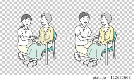 椅子に座る高齢女性と介助ををする介護士イラストセット 椅子に座る高齢女性と介助ををする介護士イラストセット 112683668