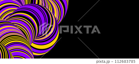 Black yellow purple twisted tube background. Abstract striped knot concept wallpaper. Liquid line pipe or cord shape for banner, poster, flyer, booklet, brochure, leaflet. Vector flowing rope backdrop 112683785