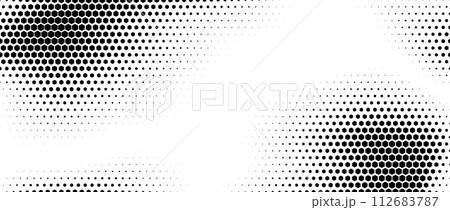 Hexagon halftone gradient texture. Abstract black grunge background. Geometric retro halftone tech overlay. Fading wavy hexagonal pattern backdrop. Vector vanishing honeycomb grunge bitmap wallpaper 112683787