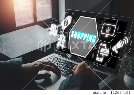 Shopping concept, Business woman using laptop omputer on desk with shopping icon on virtual screen. Shopping concept, Business woman using laptop omputer on desk with shopping icon on virtual screen. 112684191