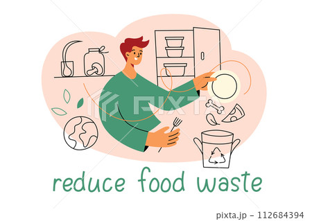 Reduce food waste poster, man throwing leftovers in compost bin, vector illustration of flat character and planet earth, reuse garbage icons, sustainable eating composition, ecology awareness 112684394