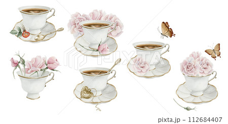 Set of compositions with cup of tea, pink rose hip flowers, red berries and brown butterflies. Floral watercolor illustration hand painted isolated on white background. Perfect for invitation, posters Set of compositions with cup of tea, pink rose hip flowers, red berries and brown butterflies. Floral watercolor illustration hand painted isolated on white background. Perfect for invitation, posters 112684407