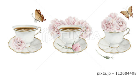 Set of compositions with cup of tea, pink rose hip flowers, red berries and brown butterflies. Floral watercolor illustration hand painted isolated on white background. Perfect for invitation, posters Set of compositions with cup of tea, pink rose hip flowers, red berries and brown butterflies. Floral watercolor illustration hand painted isolated on white background. Perfect for invitation, posters 112684408
