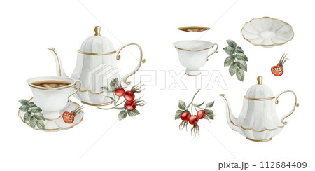 Composition of white porcelain teapot, tea cup and saucer with gilded rim, rose hip berries and leaves with isolates. Victorian style. Watercolor illustration hand painted isolated on white background 112684409