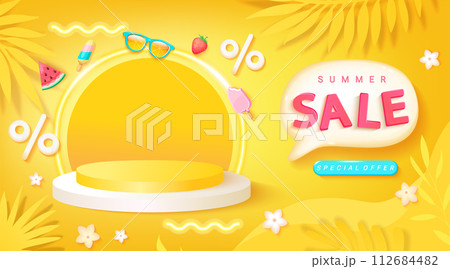 Summer sale banner,3d podium with neon lighting 112684482