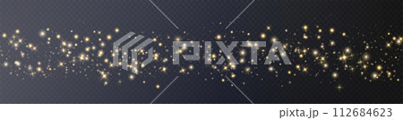 Gold glittering dots, particles, stars magic sparks. Glow flare light effect. Gold luminous points. Vector particles on transparent background. 112684623