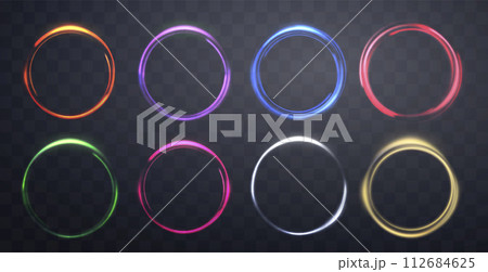 Glowing magic rings set. Neon realistic energy flare rings with sparkling particles. Abstract light effect on a dark transparent background. Vector illustration. 112684625