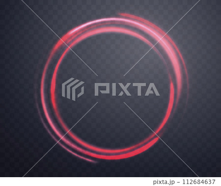 Red magic ring with glowing. Neon realistic energy flare halo ring. Abstract light effect on a dark transparent background. Vector illustration. 112684637