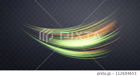 Glowing green and orange lines. Neon realistic energy speed. Abstract light effect on a dark transparent background. Vector illustration. 112684653