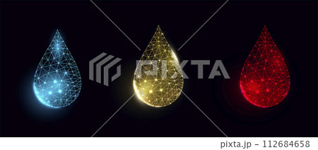 Set of water drop, oil and blood drops. Wireframe low poly style. Abstract vector illustration on dark blue background. Set of water drop, oil and blood drops. Wireframe low poly style. Abstract vector illustration on dark blue background. 112684658