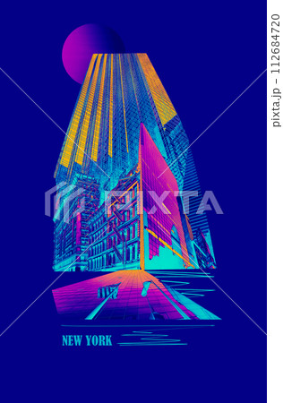 Collage of fragments of buildings. New York City Manhattan view with skyscrapers against sky. Collage, art design 112684720