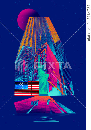 Collage of fragments of buildings. New York City Manhattan view with skyscrapers against sky. Collage, art design 112684721