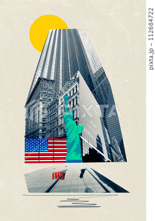 Collage of fragments of buildings. New York City Manhattan view with skyscrapers against sky. Collage, art design 112684722