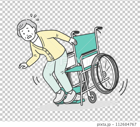 An elderly woman who is about to fall in a wheelchair 112684767