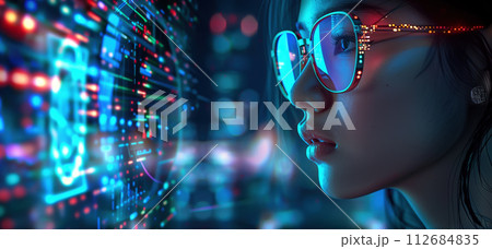 A woman wears digital glasses and gazes at a holographic display. Futuristic technology and innovation. Generative AI. A woman wears digital glasses and gazes at a holographic display. Futuristic technology and innovation. Generative AI. 112684835