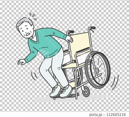車椅子で転倒しそうになる高齢男性 112685216