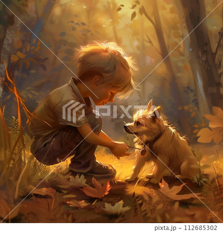 犬と遊ぶ男の子 112685302