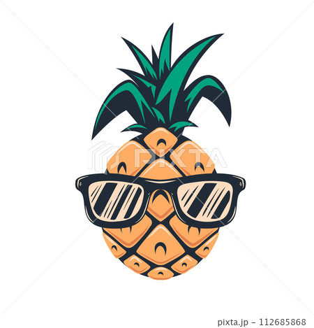 Illustration of pineapple in sunglasses. For t shirt, poster, card, banner, logo. Vector illustration 112685868