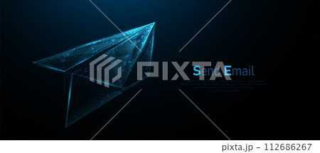 Mail envelopes with paper airplane. mail icon, email sign lines, and triangles, point connecting network on a blue background. Illustration vector 112686267
