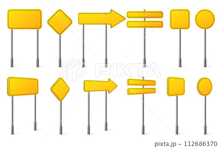 Yellow street sign board on metal pole. 112686370