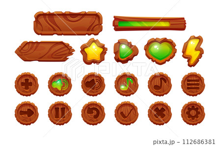 Wooden game ui design elements for videogame menu. Wooden game ui design elements for videogame menu. 112686381