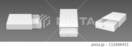 White empty open slide box with ribbon puller. White empty open slide box with ribbon puller. 112686451