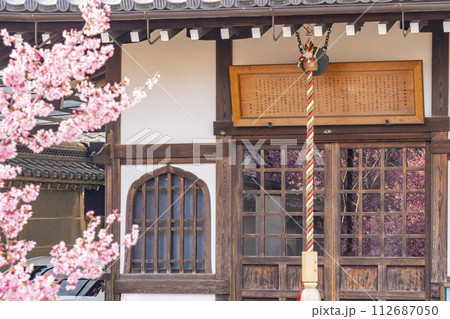 春の京都　長徳寺　地蔵堂のガラス戸に映るおかめ桜 112687050