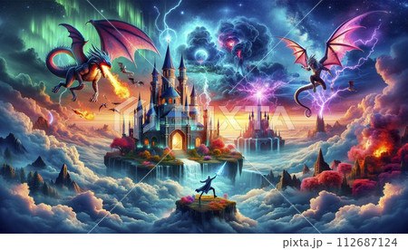 ファンタジーイラスト。ドラゴン、オーロラ、宇宙。 112687124