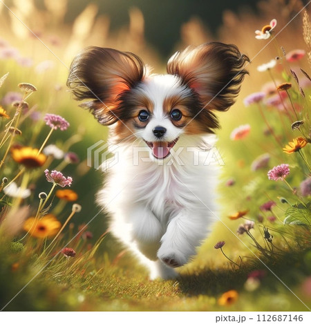 ✨【原画】『庭園でダンス』（絵画　パステル画　パピヨン　植物画　動物画　犬の絵） d82ae3e93d913027466b09a33bb6f4