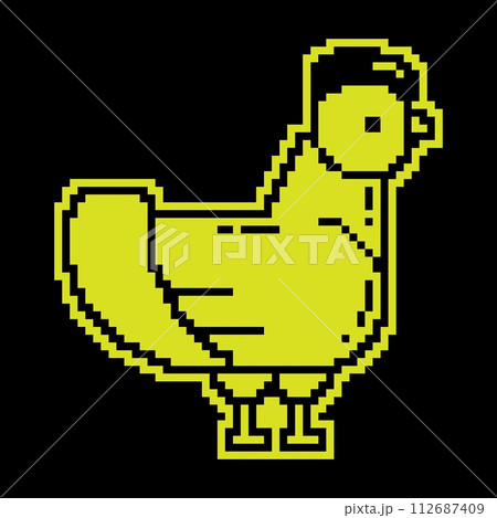 Pixel icon. Home chicken. Farm bird laying eggs. Simple black and yellow vector isolated on black background 112687409