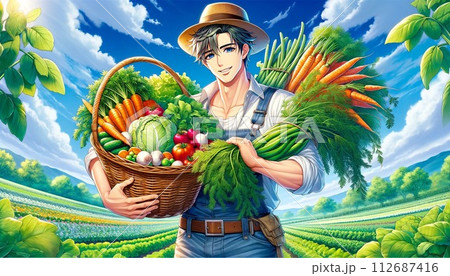 春野菜のカゴ盛りを持つ農家 春野菜のカゴ盛りを持つ農家 112687416