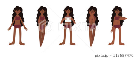 Five Latin American girls in swimsuits. Calm standing poses: thumbs up, piece of paper in hands. Brown skin tone and dark hair. Vector illustration in flat style 112687470