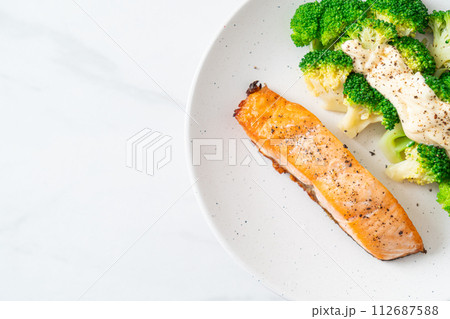 grilled salmon fillet steak with broccoli grilled salmon fillet steak with broccoli 112687588