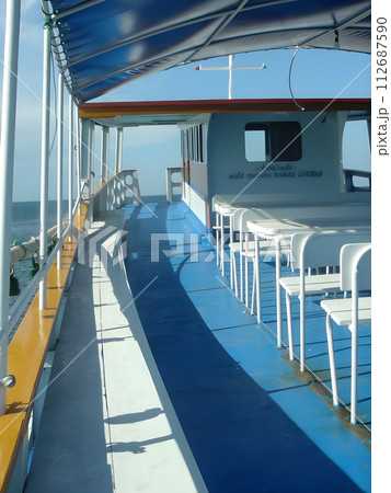 Seaside deck view, ship heading to island Seaside deck view, ship heading to island 112687590