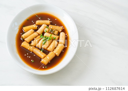 Spicy Jjajang Tteokbokki or Korean rice cake in spicy black bean sauce 112687614
