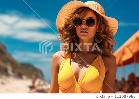 Young woman in yellow swimsuit and hat 112687965