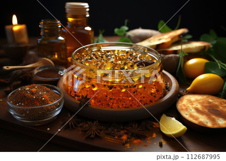 Spicy hot honey in a glass jar on the table Spicy hot honey in a glass jar on the table 112687995