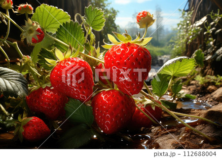 Ripe organic strawberries grow in the garden 112688004