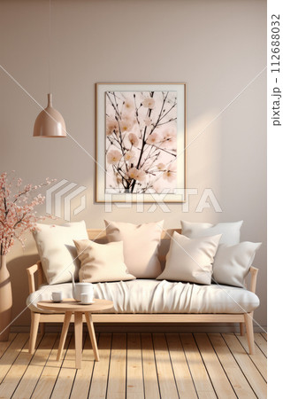 Modern interior design of the living room with a minimalist sofa and cardboard on the wall 112688032