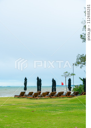 beach chair with sea beach background 112688281