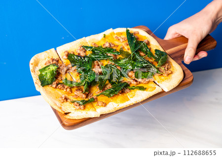 tart flambe minced pork with basil pizza tart flambe minced pork with basil pizza 112688655